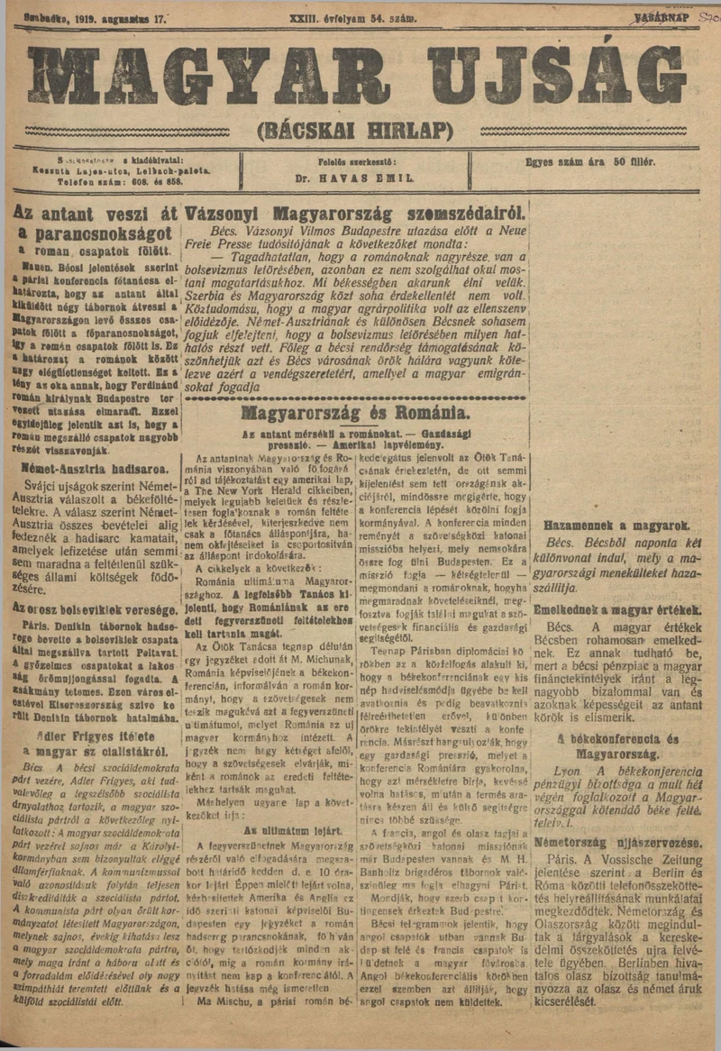 Bácskai Hirlap, 23. évf. 1919. augusztus 17. 54. sz.