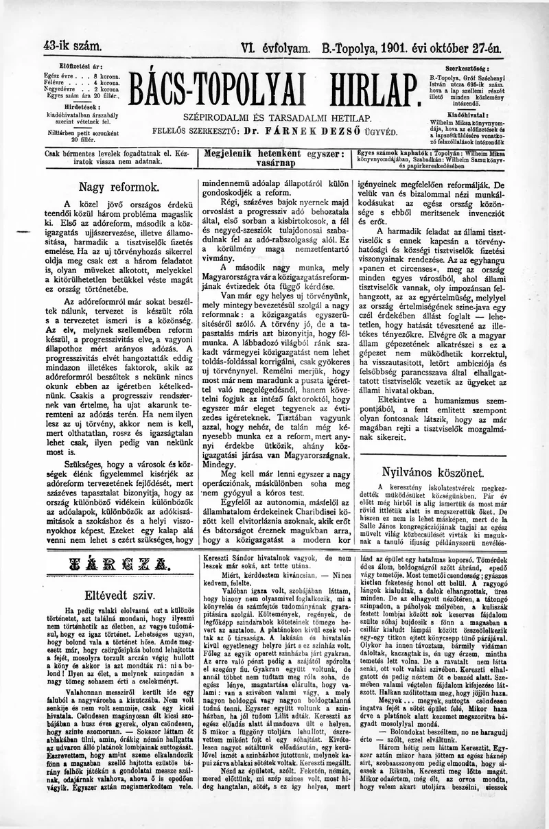 Bács-Topolyai Hirlap, 6. évf. 1901. október 27. 43. sz.