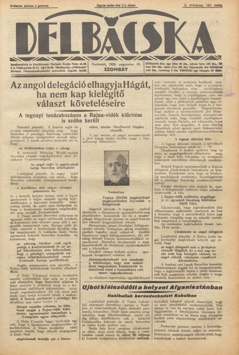 Délbácska, 10. évf. 1929. augusztus 10. 185. sz.