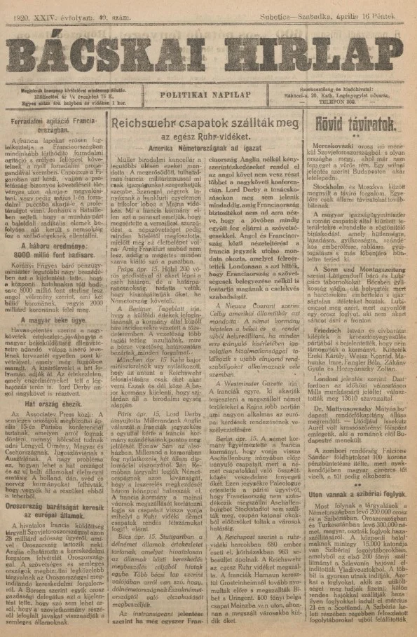 Bácskai Hirlap, 24. évf. 1920. április 16. 40. sz.