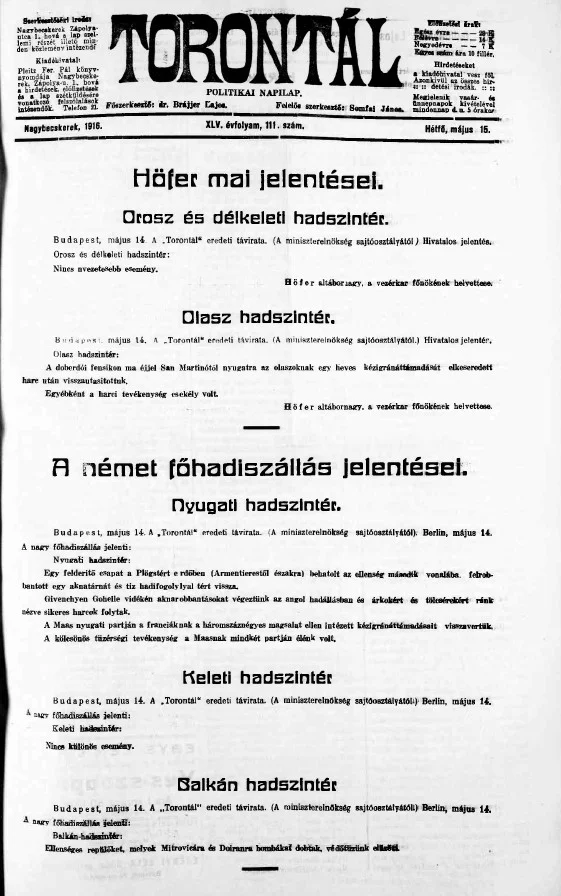 Torontál, 45. évf. 1916. május 15. 111. sz.