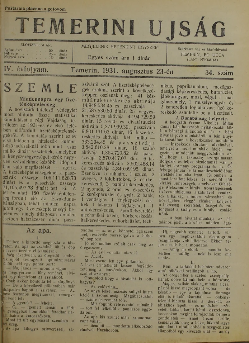 Temerini Újság 1928-1944, 4. évf. 1931. augusztus 23. 34. sz.