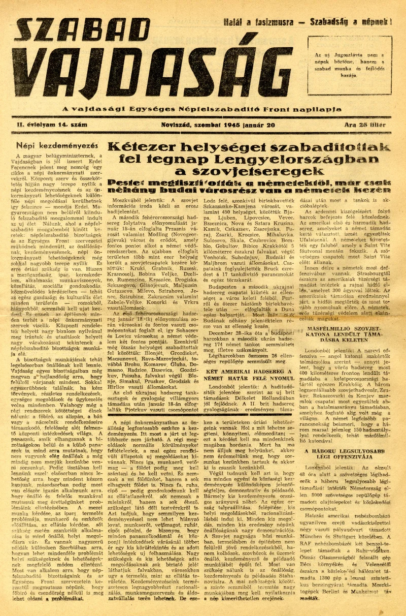 Szabad Vajdaság, 2. évf. 1945. január 20. 14. sz.