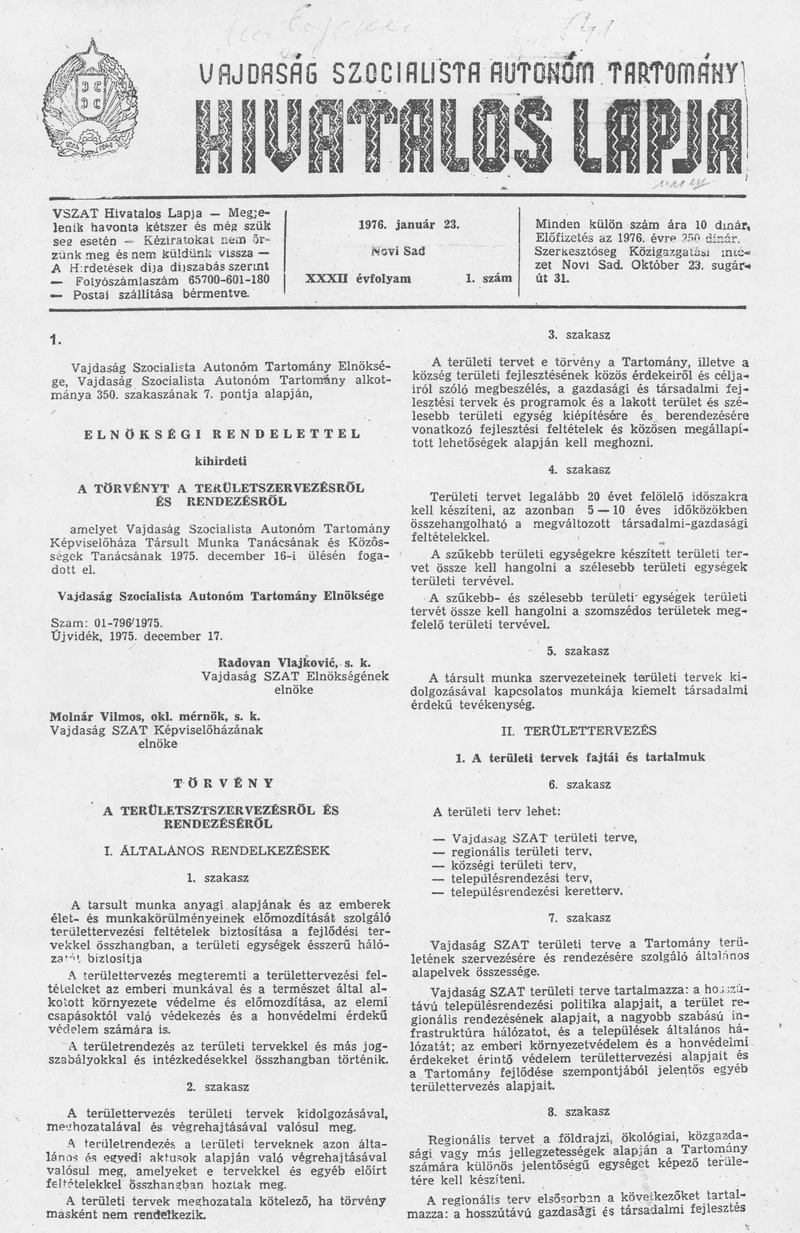 Vajdaság Szocialista Autonóm Tartomány Hivatalos Lapja, 32. évf. 1976. január 23. 1. sz. 1–12. oldal