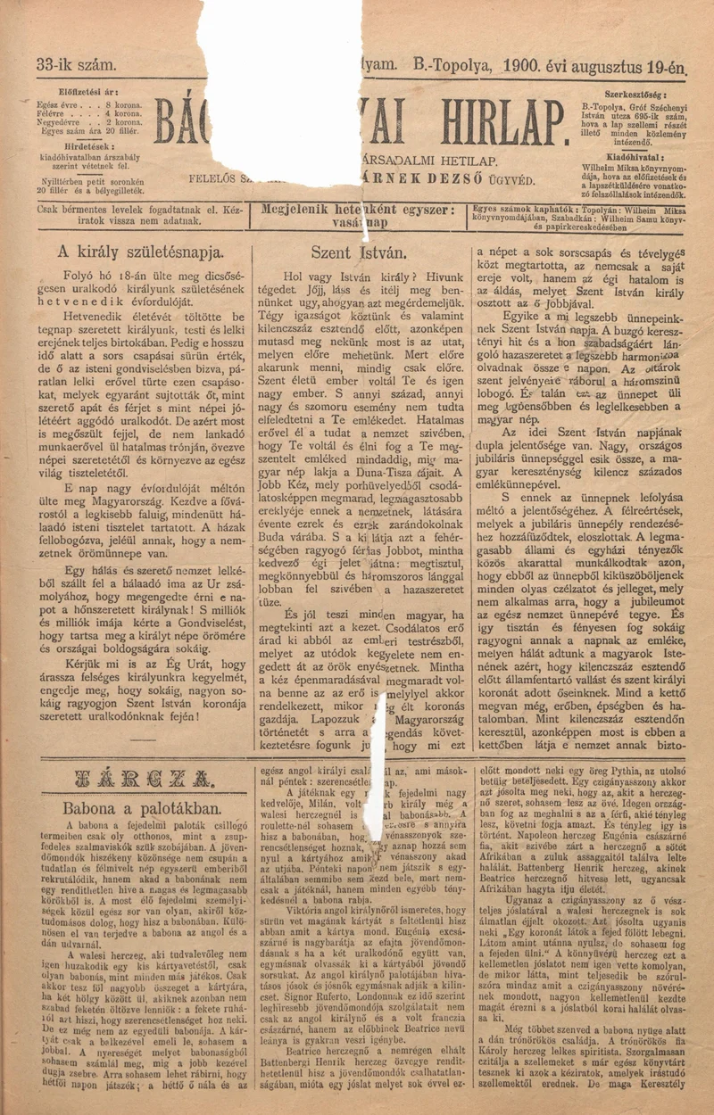 Bács-Topolyai Hirlap, 5. évf. 1900. augusztus 19. 33. sz.