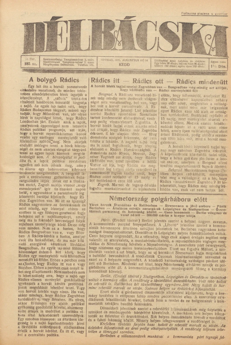 Délbácska, 4. évf. 1923. augusztus 14. 185. sz.