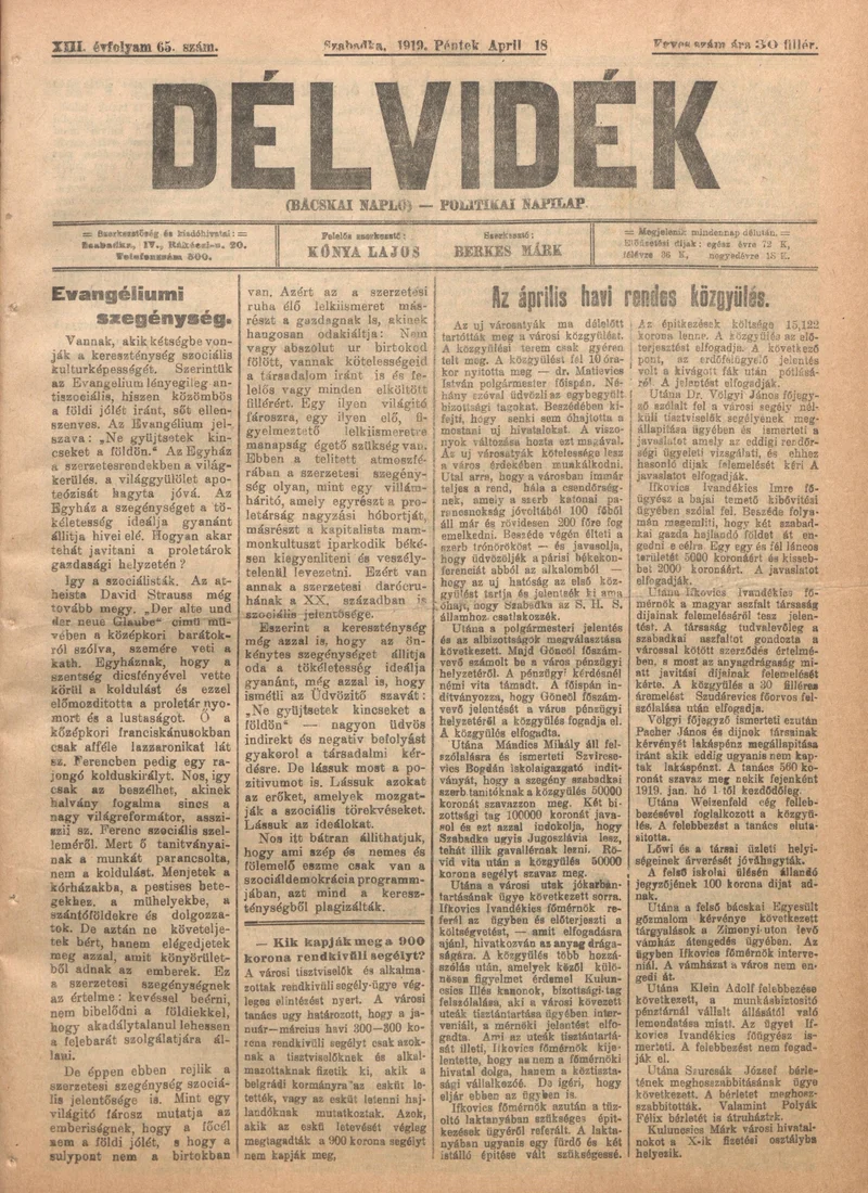 Délvidék, 13. évf. 1919. április 18. 65. sz.