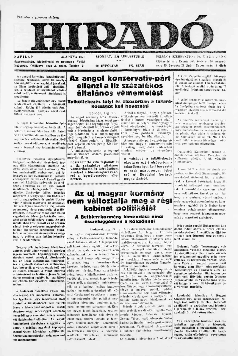Híradó, 60. évf. 1931. augusztus 22. 192. sz.