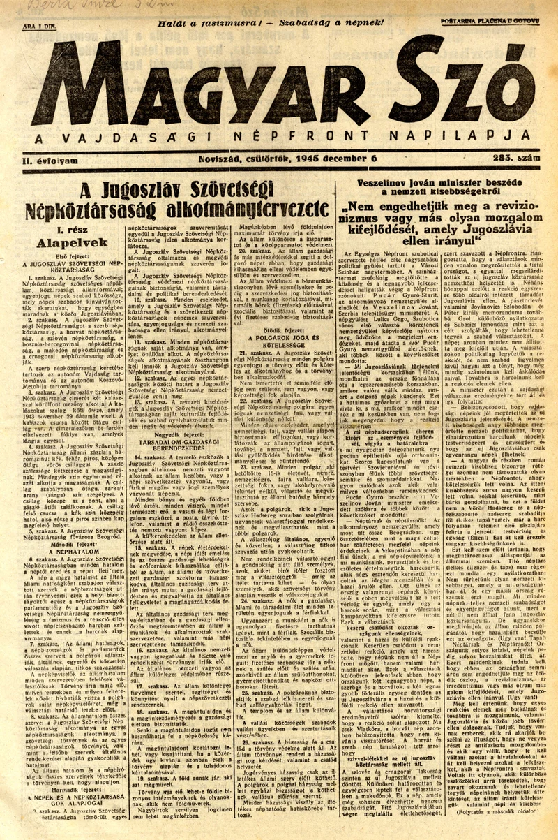Magyar Szó, 2. évf. 1945. december 7. 284. sz. 1–4. oldal