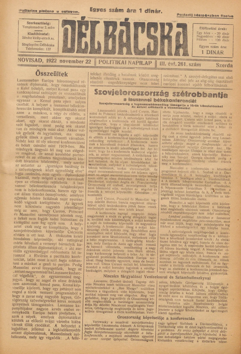 Délbácska, 3. évf. 1922. november 22. 261. sz.