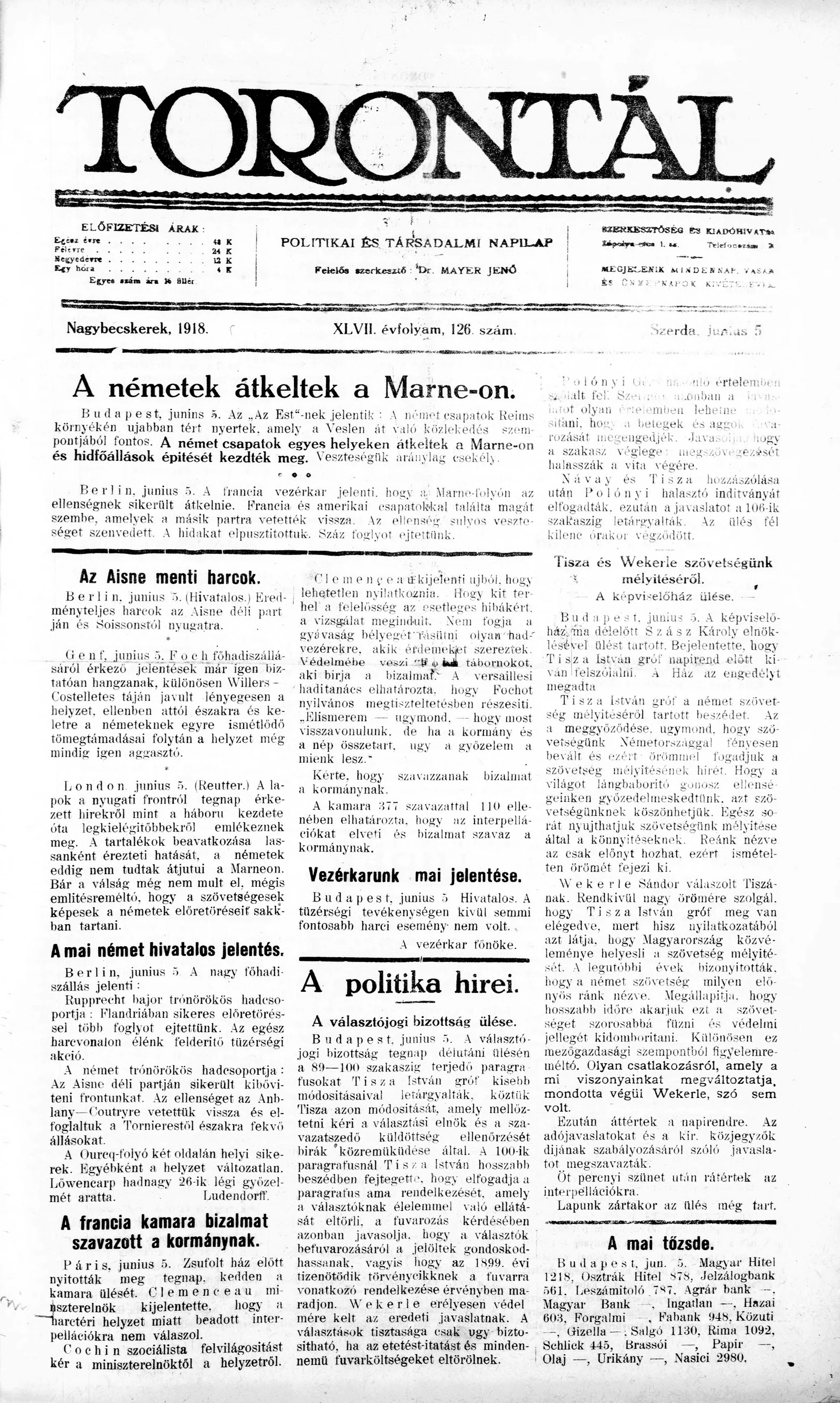 Torontál, 47. évf. 1918. június 5. 126. sz.