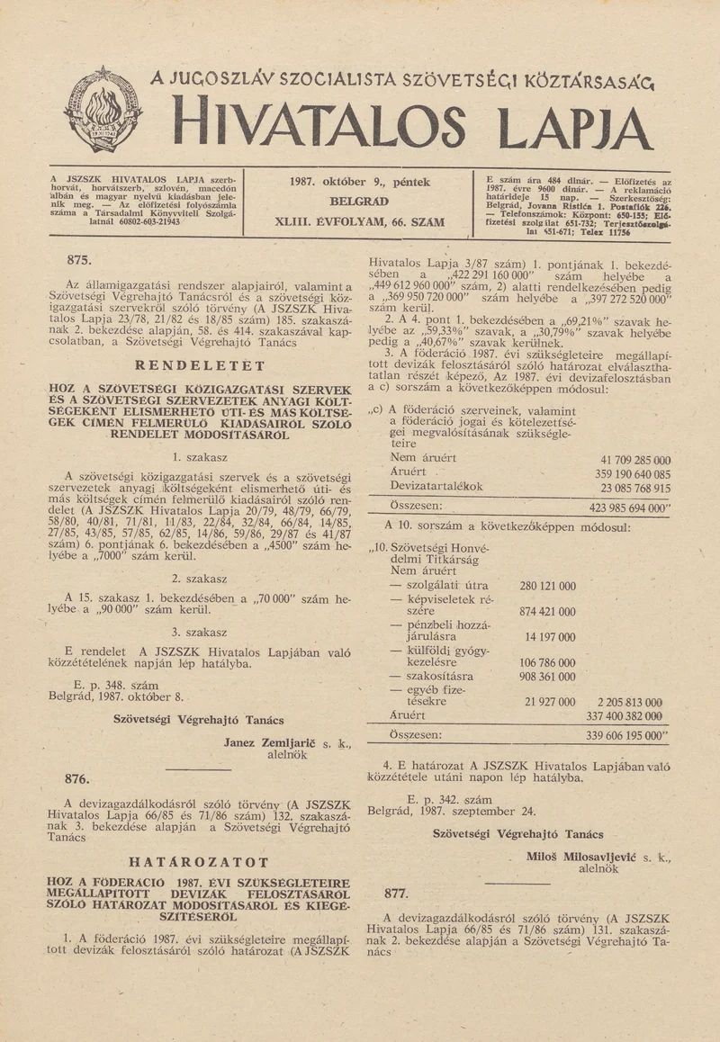 A Jugoszláv Szocialista Szövetségi Köztársaság Hivatalos Lapja, 43. évf. 1987. október 9. 66. sz. 1541–1584. oldal