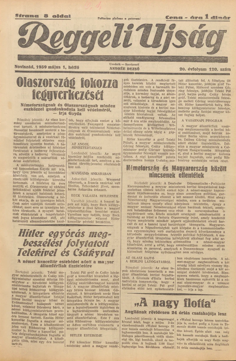 Reggeli Újság, 20. évf. 1939. május 1. 120. sz.
