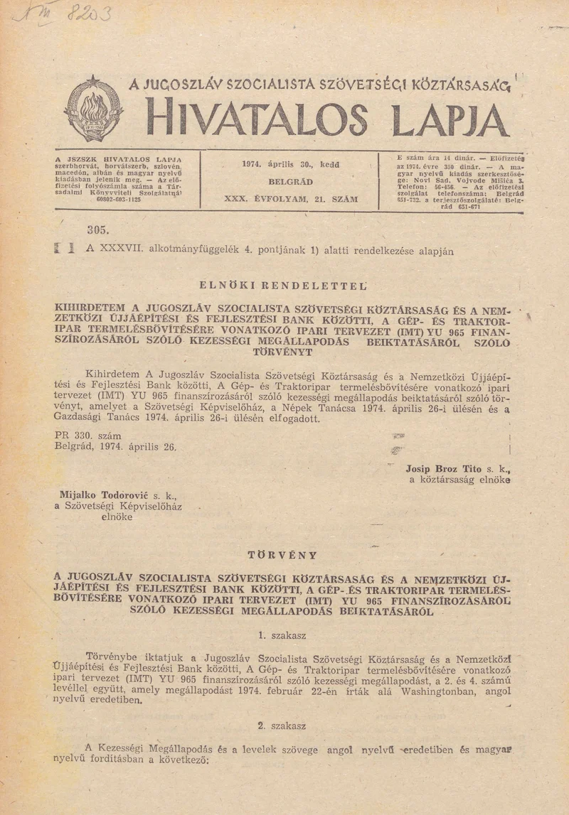 A Jugoszláv Szocialista Szövetségi Köztársaság Hivatalos Lapja, 30. évf. 1974. április 30. 21. sz. 589–644. oldal