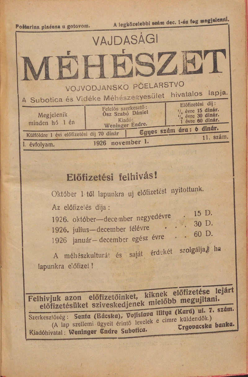 Vajdasági méhészet, 1. évf. 1926. november 1. 11. sz.