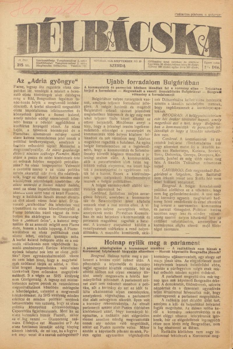 Délbácska, 4. évf. 1923. szeptember 19. 215. sz.