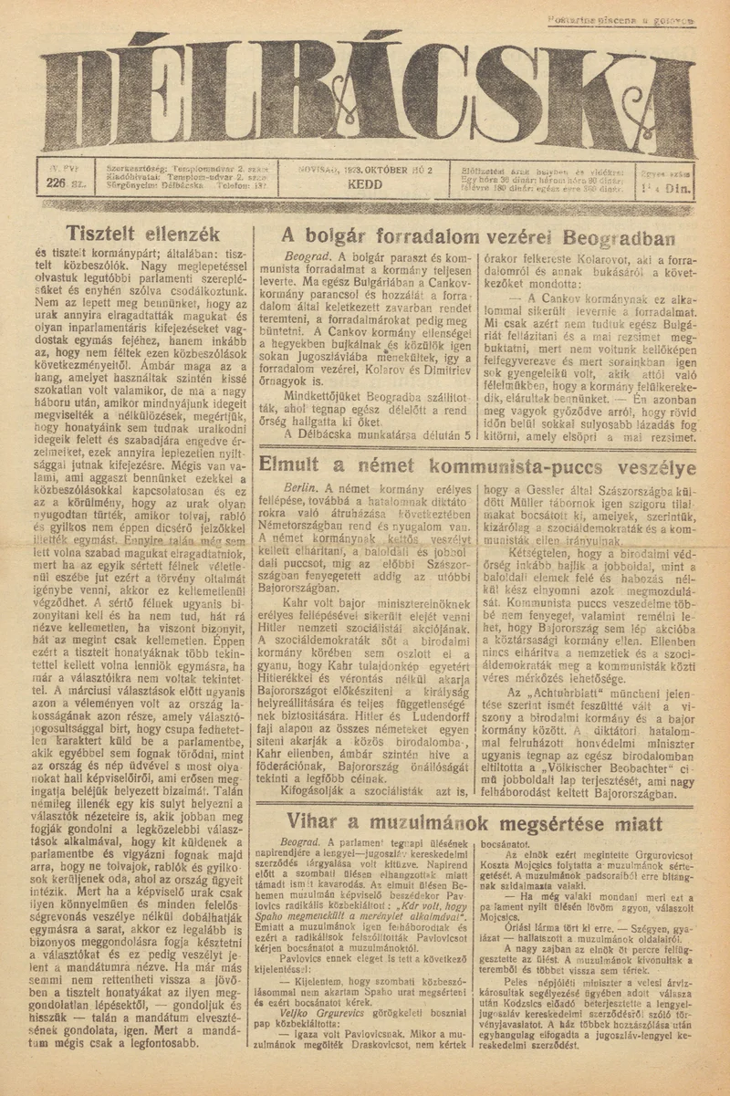 Délbácska, 4. évf. 1923. október 2. 226. sz.