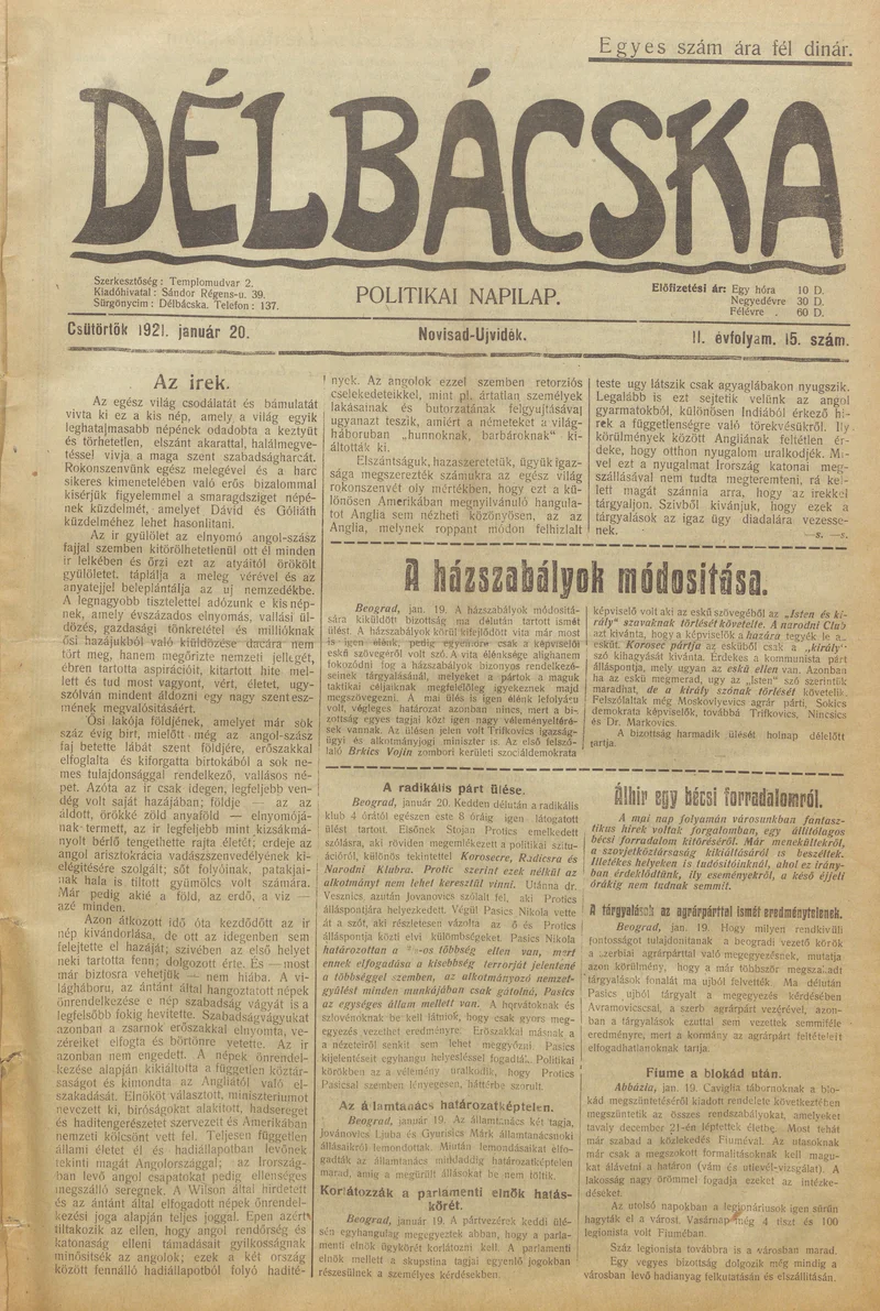 Délbácska, 2. évf. 1921. január 20. 15. sz.