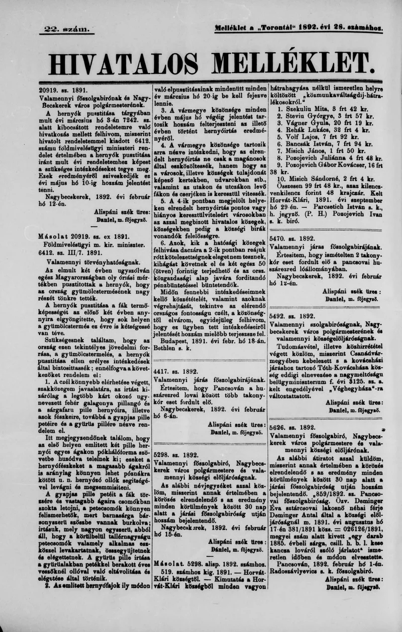 A Totontál  hivatalos melléklete, 5. évf. 1892. február 27. 22. sz.