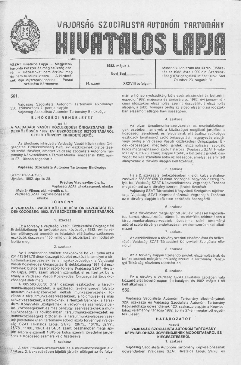 Vajdaság Szocialista Autonóm Tartomány Hivatalos Lapja, 38. évf. 1982. május 4. 14. sz.