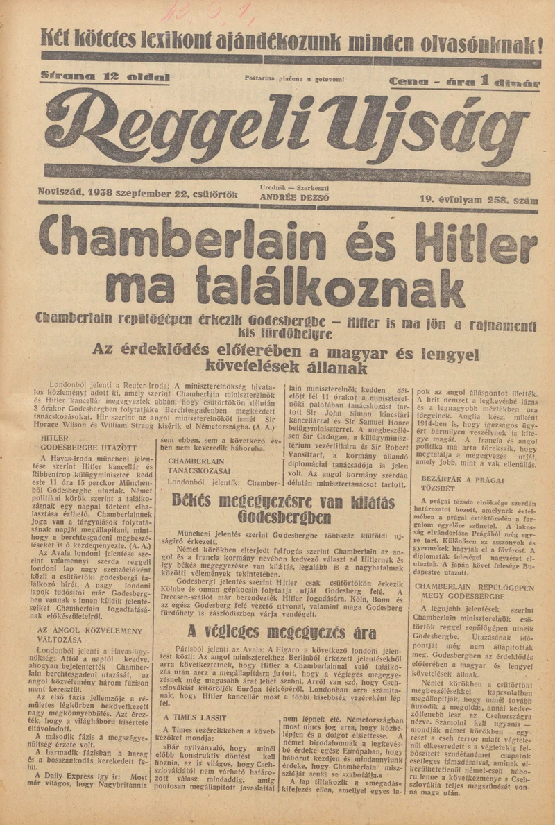Reggeli Újság, 19. évf. 1938. szeptember 22. 258. sz.