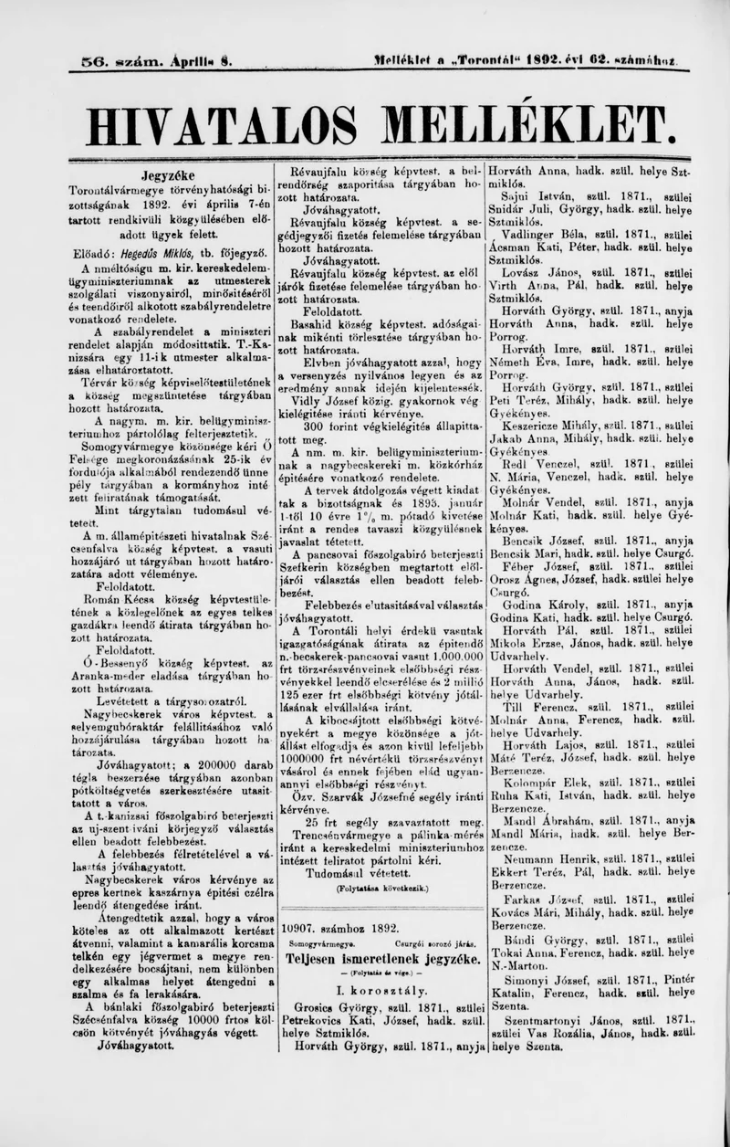 A Totontál  hivatalos melléklete, 5. évf. 1892. április 8. 56. sz.