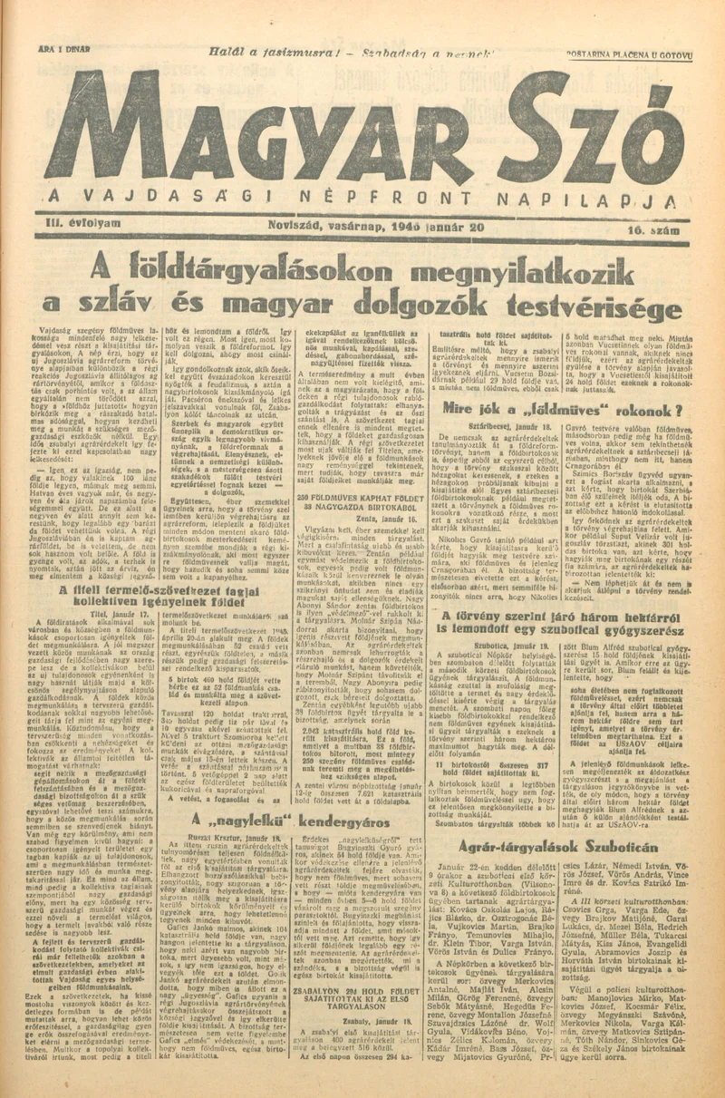 Magyar Szó, 3. évf. 1946. január 20. 16. sz. 1–6. oldal