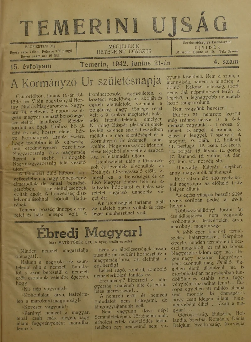 Temerini Újság 1928-1944, 15. évf. 1942. június 21. 4. sz.