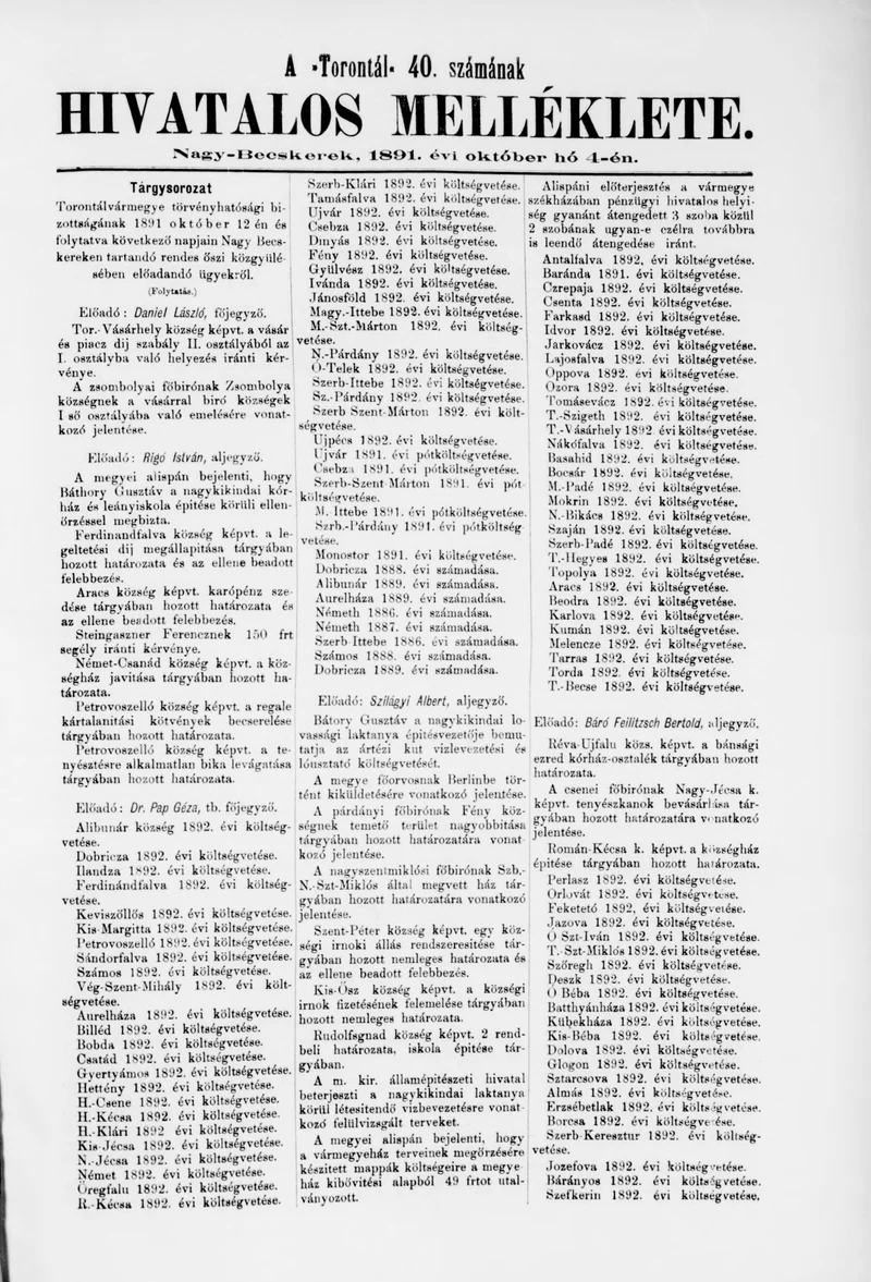 A Totontál  hivatalos melléklete, 4. évf. 1891. október 4. 40. sz.