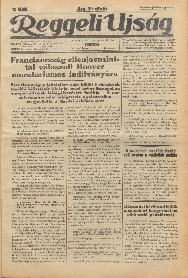 Reggeli Újság, 12. évf. 1931. június 24. 144. sz.