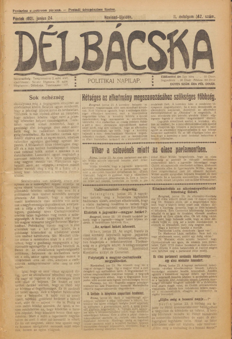 Délbácska, 2. évf. 1921. június 24. 142. sz.