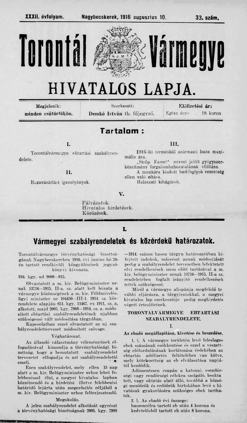 Torontál Vármegye Hivatalos Lapja, 32. évf. 1916. augusztus 10. 33. sz.