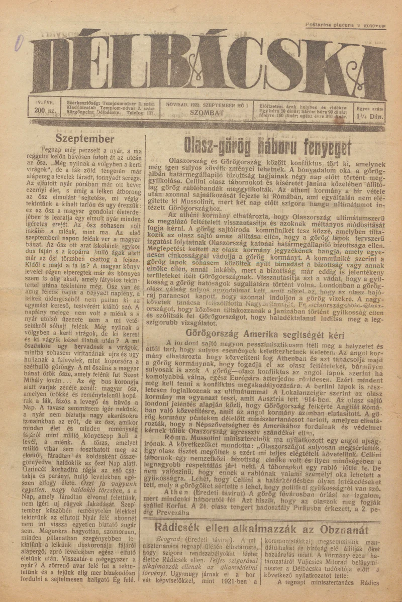 Délbácska, 4. évf. 1923. szeptember 1. 200. sz.