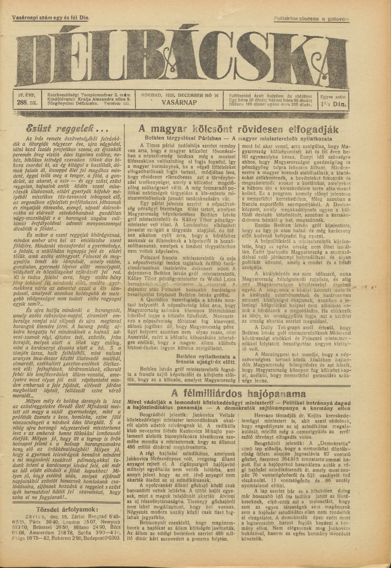 Délbácska, 4. évf. 1923. december 16. 288. sz.