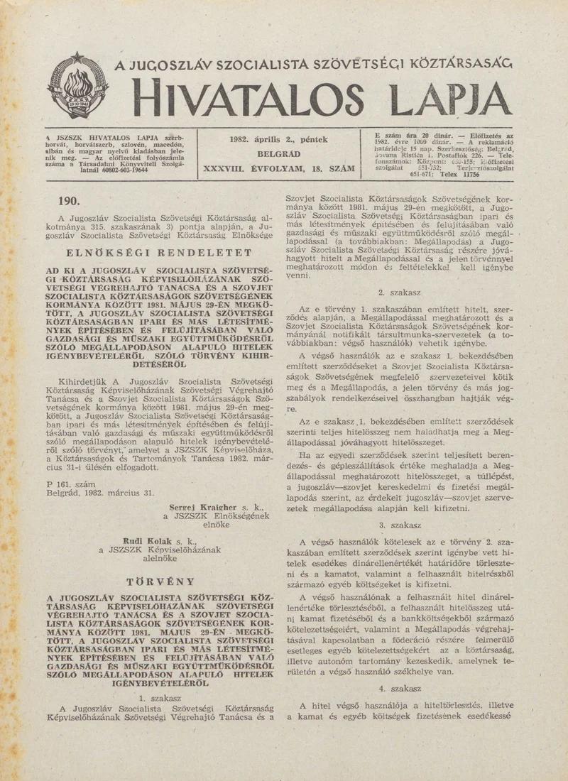 A Jugoszláv Szocialista Szövetségi Köztársaság Hivatalos Lapja, 38. évf. 1982. április 2. 18. sz. 469–508. oldal