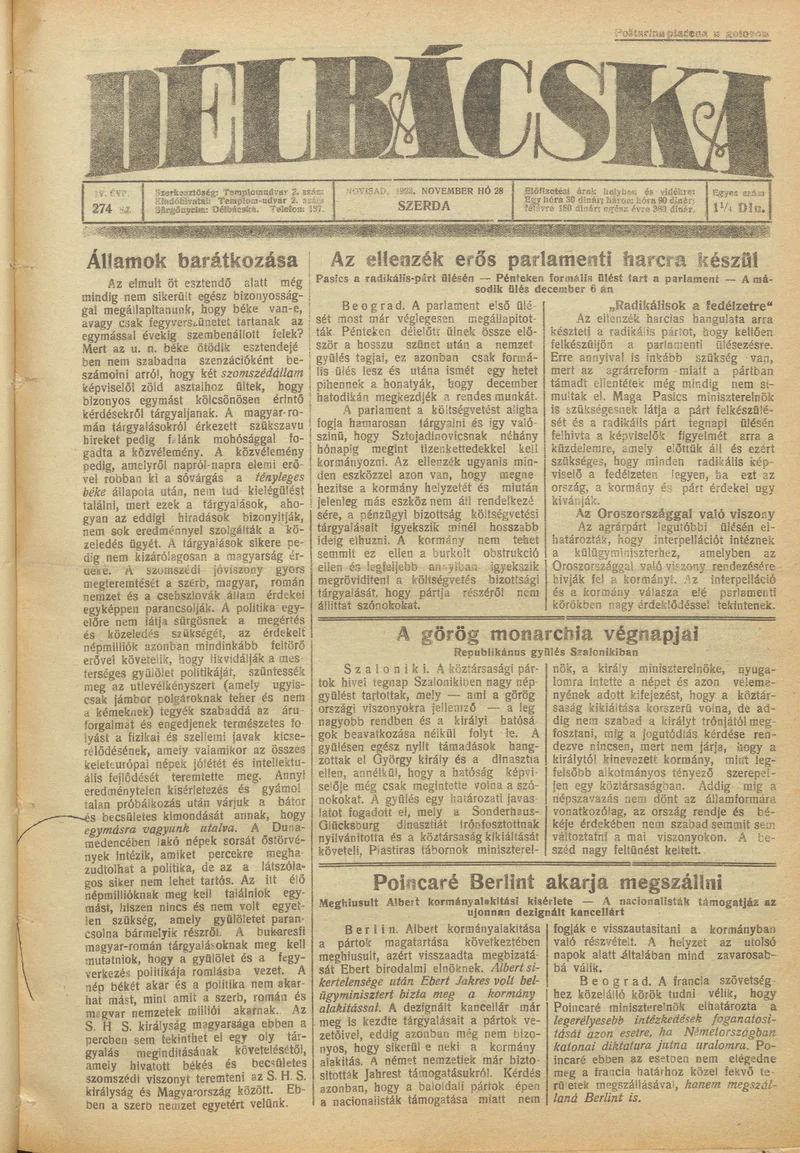 Délbácska, 4. évf. 1923. november 28. 274. sz.