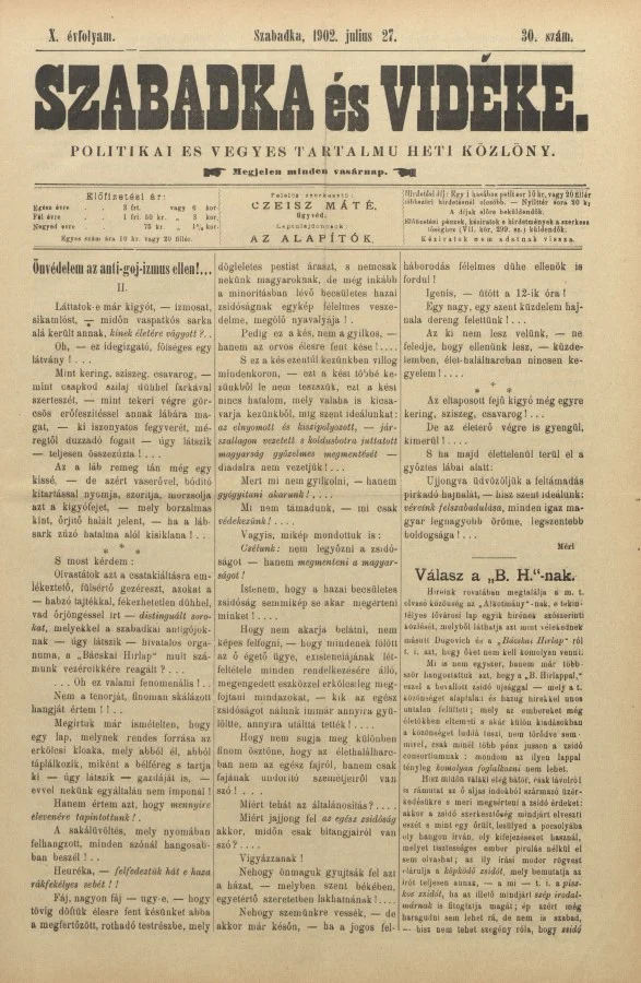 Szabadka és vidéke II, 10. évf. 1902. július 27. 30. sz.