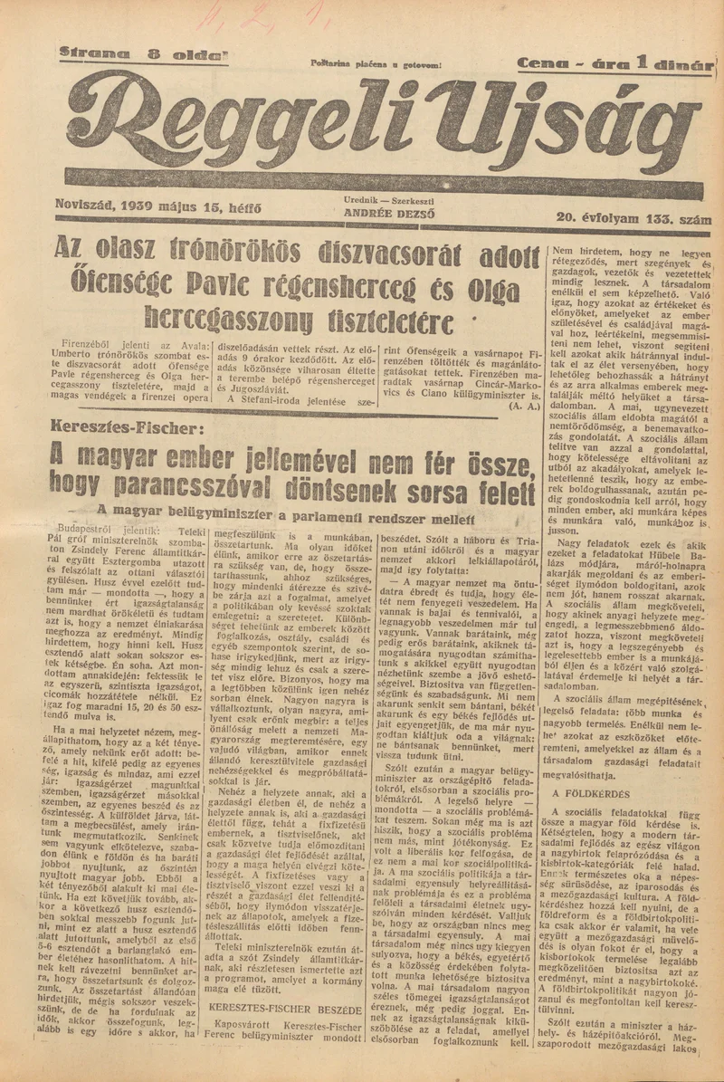 Reggeli Újság, 20. évf. 1939. május 15. 133. sz.