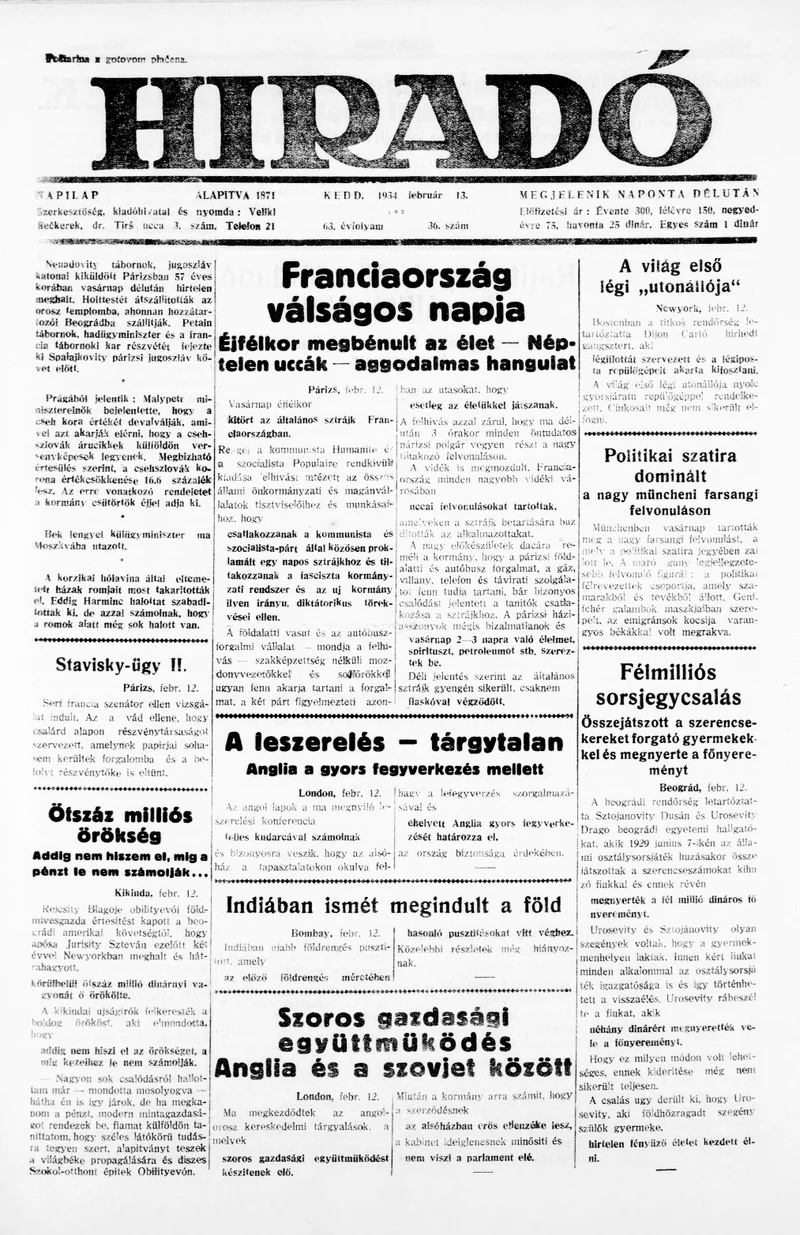 Híradó, 63. évf. 1934. február 13. 36. sz.