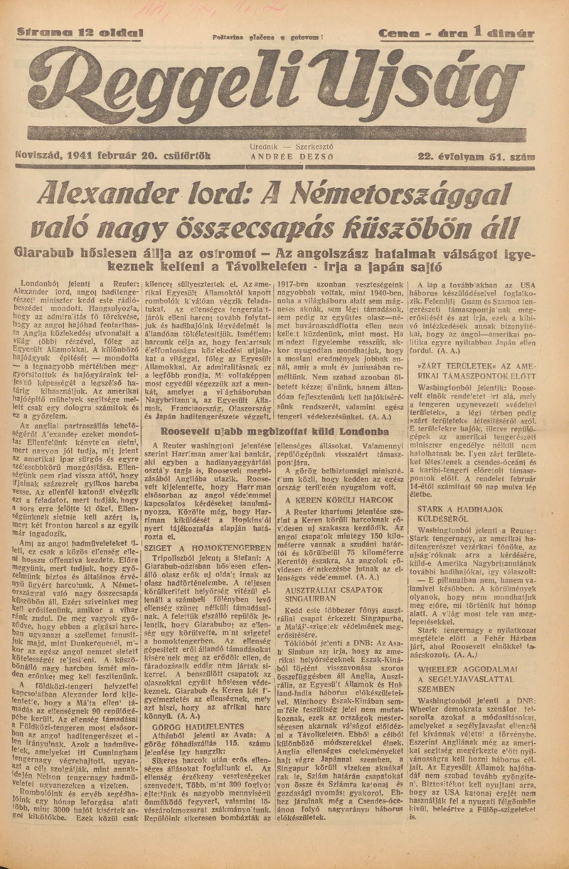 Reggeli Újság, 22. évf. 1941. február 20. 51. sz.