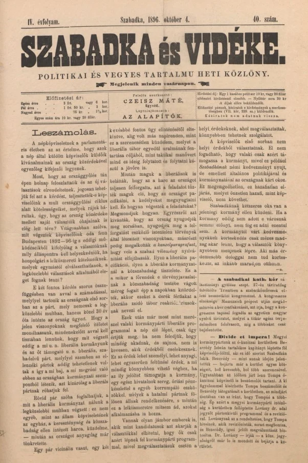 Szabadka és vidéke II, 4. évf. 1896. október 4. 40. sz.