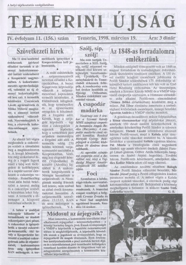 Temerini Újság, 4. évf. 1998. március 19. 11. sz.