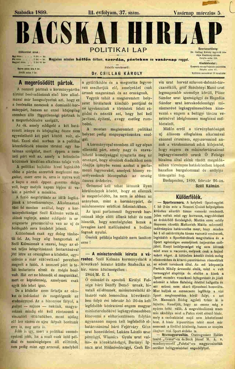 Bácskai Hirlap, 3. évf. 1899. március 5. 37. sz.