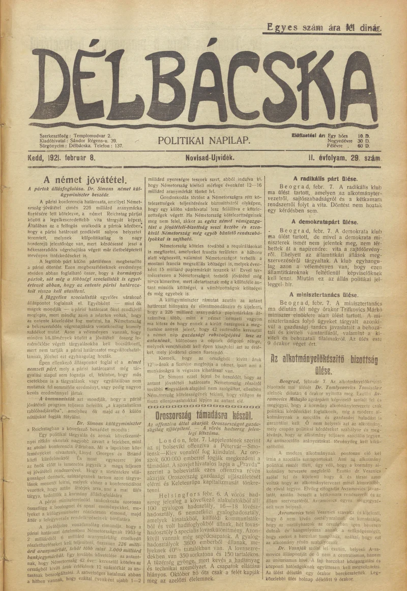Délbácska, 2. évf. 1921. február 8. 29. sz.