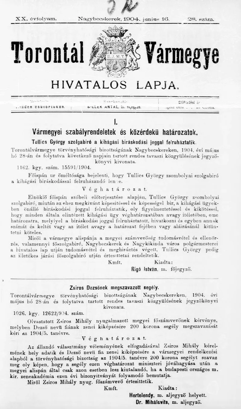 Torontál Vármegye Hivatalos Lapja, 20. évf. 1904. június 16. 28. sz.