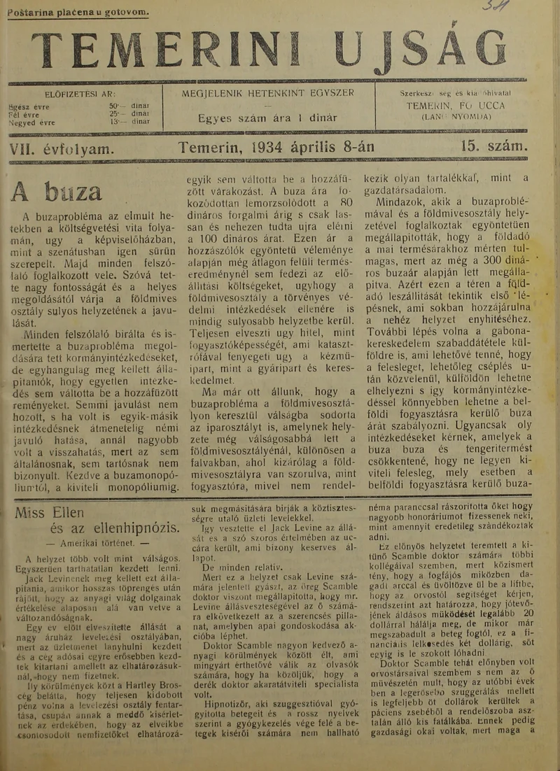 Temerini Újság 1928-1944, 7. évf. 1934. április 8. 15. sz.