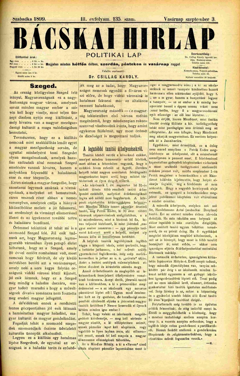 Bácskai Hirlap, 3. évf. 1899. szeptember 3. 135. sz.