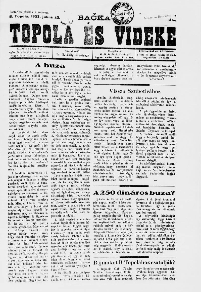 Bačka Topola és Vidéke, 10. évf. 1933. július 23. 30. sz.