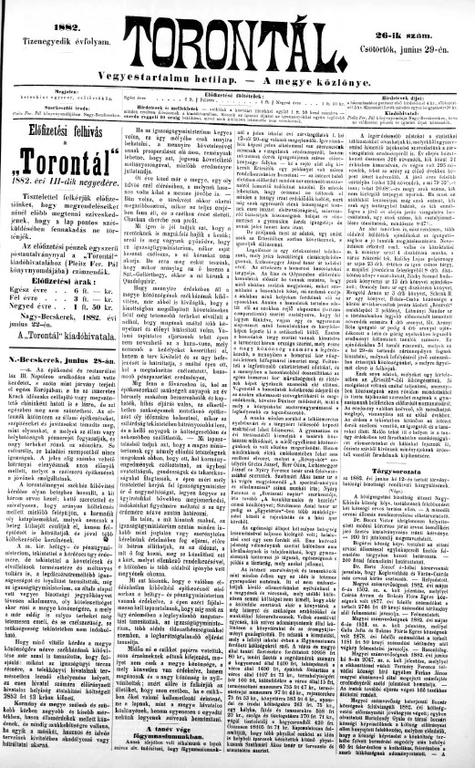 Torontál, 11. évf. 1882. június 29. 26. sz.
