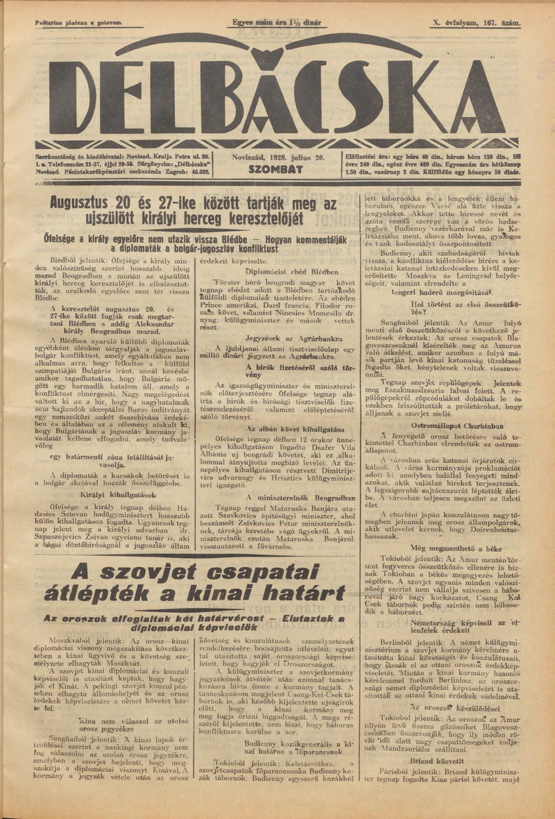 Délbácska, 10. évf. 1929. július 20. 167. sz.